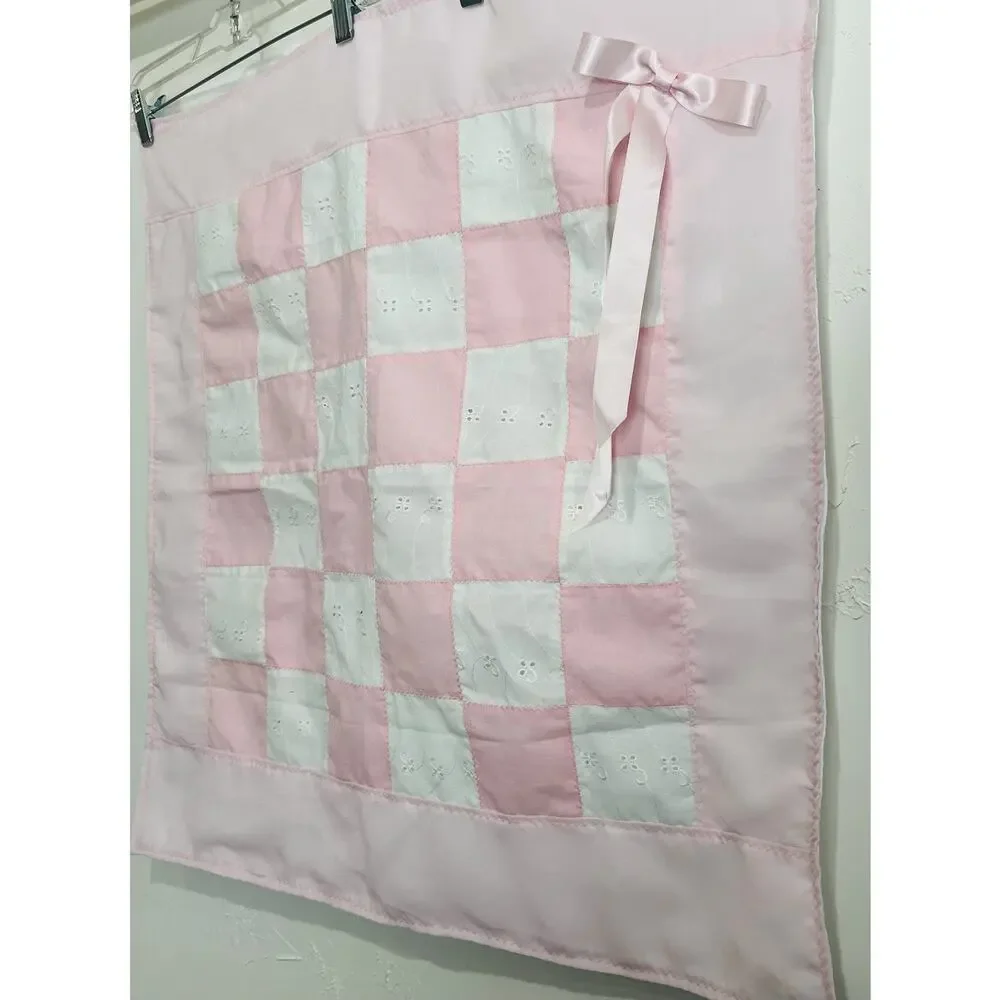 Pink Quilted Blanket Wall Hanging Handmade Country Cottage Baby Bow Eyelet Lace